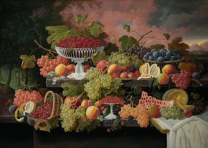 Naturaleza muerta de dos niveles con frutas y paisaje al atardecer de Severin Roesen